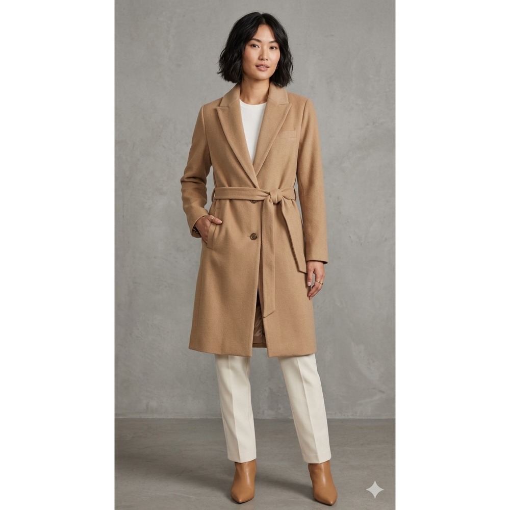 Quince Italian Wool Belted Overcoat Womens Size M Camel Tan Long Jacket Classic